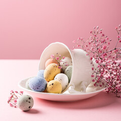 Wall Mural - Easter composition with spring flowers and colorful quail eggs in porcelain white coffee cup over pink background. Springtime and Easter holiday concept with copy space