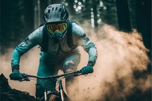 Downhill Mountain Biking Man Wearing A Helmet In Mountain Forest With Dirt And Extreme Sport Vibes Illustration