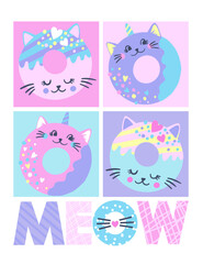 Wall Mural - Fashion abstract t-shirt design with cat donuts. Cute background for little girl