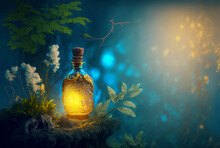 Magic Blue  Potion In A Beautiful Decorated Vial In Magic Forest