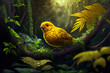 A canary is hiding behind the leaves in the old forest. Generative AI. Lovely canary wallpaper.