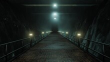 Atmospheric Dystopian Tunnel With Bright Illumination, Video Loop Animation, Futuristic Objects. 3D Concept World, Digital Scene. 4K Template, Seamless Motion, Abstract Moving, Cycled Endless Render.