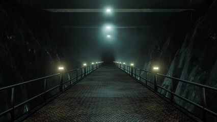 Wall Mural - Atmospheric Dystopian Tunnel With Bright Illumination, Video Loop Animation, Futuristic Objects. 3D Concept World, Digital Scene. 4K Template, Seamless Motion, Abstract Moving, Cycled Endless Render.