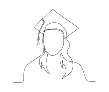 Continuous One Line Drawing Of Student Girl With Graduation Cap. Simple Illustration Of Young Female Wearing Graduate Uniform Line Art Vector Illustration.