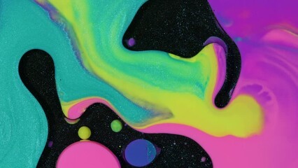 Wall Mural - Fluid art painting video, modern acrylic texture with neon bubbles. Liquid paint mixing backdrop with bright waves and glitter. Background motion with pink, yellow and green overflowing colors.