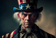 Uncle Sam, AI Generative Illustration. Old man in uncle sam hat as an image of United Stats America. United stats america symbol.
