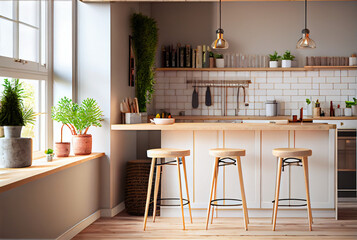 Kitchen design in scandinavian style. stylish light grey kitchen interior. Illustration with Generative AI