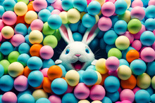 Happy Easter Bunny With Many Colorful Easter Eggs. Generative AI.