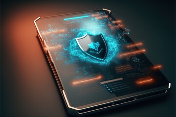 Cyber security, data protection, cyberattacks concept on blue background. Database security software development. Online security concept. Laptop protected with shield. AI	
