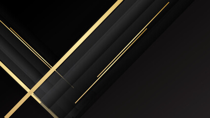 Wall Mural - Black stripe with gold lines on the dark background. Geometric gold black lines metal carbon neutral background with black metal stripes vector.