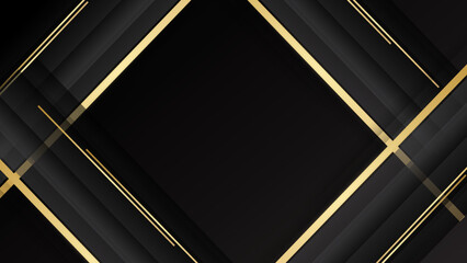 Wall Mural - Black stripe with gold lines on the dark background. Geometric gold black lines metal carbon neutral background with black metal stripes vector.