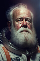 Wall Mural - portrait of an elderly bearded male astronaut in a spacesuit. Generative AI