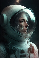 Wall Mural - fantastic portrait of a female astronaut in a helmet and spacesuit. Generative AI