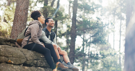 Wall Mural - Nature, hiking and a couple relax on adventure trail in forest and sitting on a rock. Health, happy man and woman pointing at natural landscape while relaxing in woods with trees, fitness and freedom