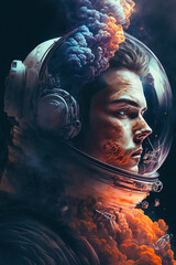 Wall Mural - fantastic portrait of a male astronaut in a modern helmet and spacesuit. Generative AI