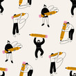 Various people with a large Pencils. Young person holding pencil. Cute funny characters. Cartoon style. Hand drawn Vector illustration. Drawing, writing, creating, design concept. Seamless Pattern