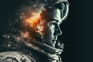 Wall Mural - fantastic portrait of a male astronaut in a modern helmet and spacesuit. Generative AI