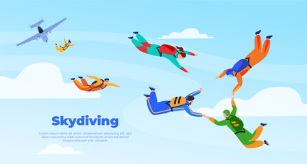 Wall Mural - Skydiver. People jump with a parachute from an airplane. Extreme sport. Vector illustration