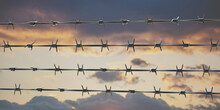 Barbed Wire Fence On Cloudy Sky At Sunset Background,