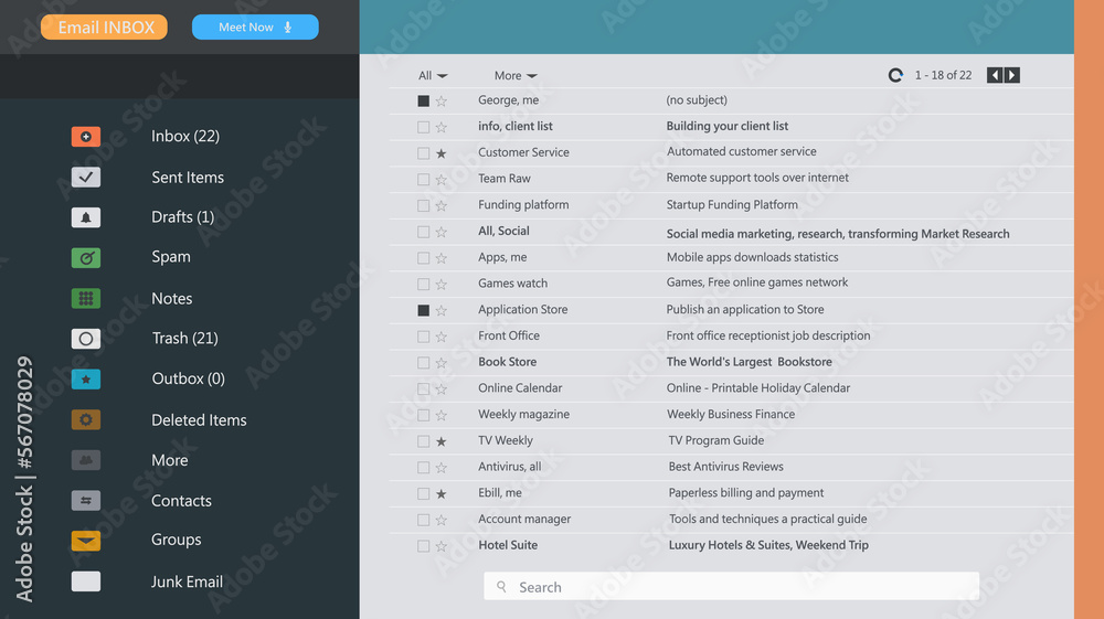 Email interface. Client mail list. Web design template. Online message ...