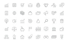 Business Icons Set, Thin Line. Commerce, Finance Concept Vector. Collection Of Symbols For Application Or Web Site