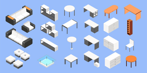 Furniture set. Isometric set of living room objects. Sofas, chairs, armchairs, tables and stools. Interior room elements