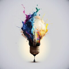 Lightbulb eureka moment with Impactful and inspiring artistic colourful explosion of paint energy. Generative AI