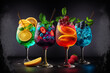 Cocktail glasses in colorful with a black background.Generative AI