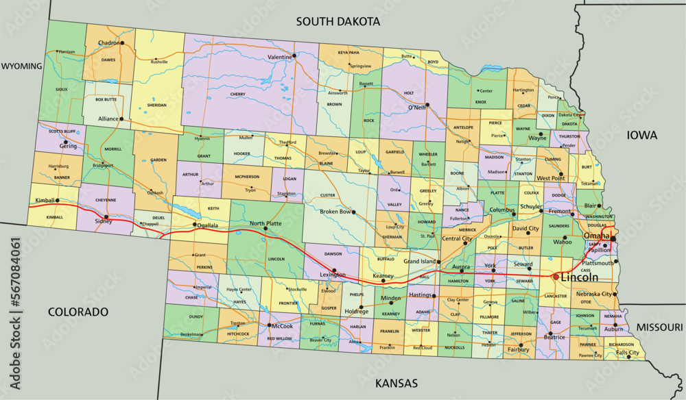 Nebraska - Highly detailed editable political map with labeling. Stock ...