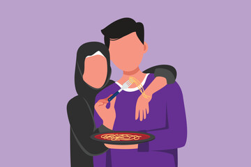 Wall Mural - Character flat drawing romantic Arab woman feeding husband with Italian pasta or spaghetti. Celebrate wedding anniversaries and enjoy romantic moment at restaurant. Cartoon design vector illustration