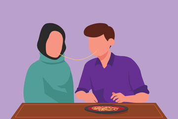 Wall Mural - Character flat drawing happy Arab couple having romantic date in restaurant eating pasta together. Man and woman enjoying romance in cafe. Celebrate anniversaries. Cartoon design vector illustration