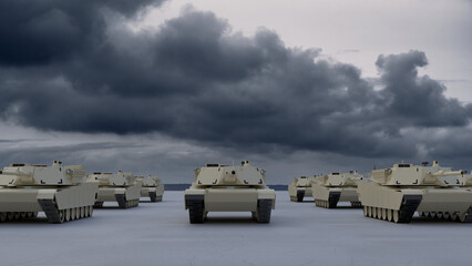 3d render columns of tanks for Ukraine sending a threatening sky