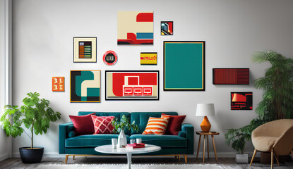 Wall Mural - Vivid colorful living room interior with blue turquoise sofa and mockup posters on white wall. Home decor, concept art template. Generative AI
