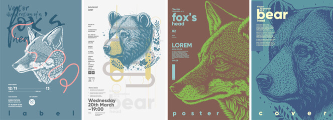 Wall Mural - Fox and bear. Engraving style. Typography posters design. Simple pencil drawing. Set of flat vector illustrations. Print, banner, label, cover or t-shirt.