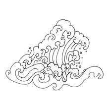 Black White Ocean Wave. Curly Waves And Foam Decorative Element Coloring Page, Isolated On White Background.