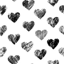 Hearts Doodle Line. Trendy Vector Seamless Pattern With Flying Hearts. Minimalistic Hand Painted Illustration For Valentines Day Wrapping Paper, Invitation Card Background In Black White Colors