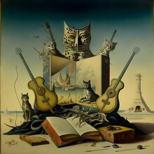 1929 Oil On Canvas Painting By Salvador Dali Featuring Cats Swords Guitars And Books Surreal 
