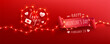 Happy Valentine's Day Poster or banner with symbol of heart from LED String lights and valentine elements on red background. Promotion and shopping template for love and Valentine's day concept.