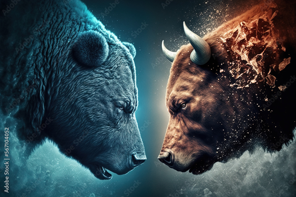 Bull and bear market face off concept, Generative AI illustration Stock ...
