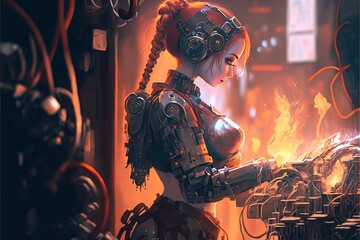 Restore the power to the last one. Female robot repairing itself in the factory, digital art style, illustration painting