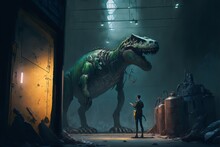 Best Image With A Hunter Looked At The Captured T-rex In An Abandoned Lab, Digital Art Style, Illustration Painting 