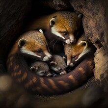  Three Baby Raccoons Are Huddled Together In A Hole In A Tree Trunk, With Their Mother In The Center Of The Picture, And A Larger Raccoon In The Middle Of The Picture.  Generative Ai
