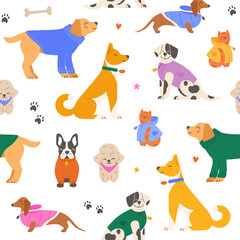 Seamless pattern with cute dogs and a cat wearing colorful winter outfits. Colorful hand drawn background vector illustration.