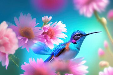 Delightfully beautiful bird hummingbird in flight over flowering plants in spring. Generated AI.