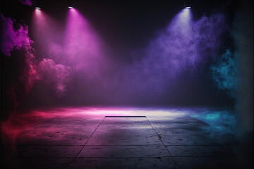 the dark stage shows, empty dark blue, purple, pink background, neon light, spotlights, the asphalt 