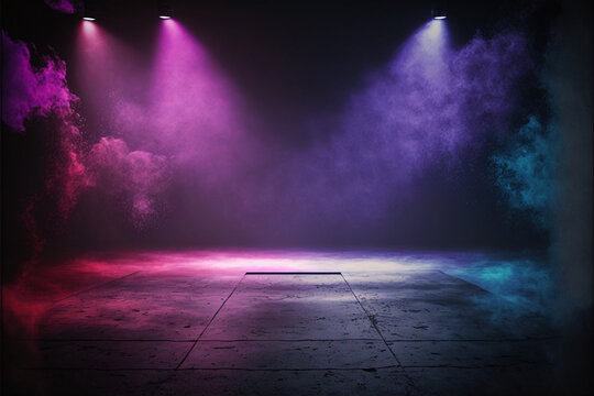 the dark stage shows, empty dark blue, purple, pink background, neon light, spotlights, the asphalt 