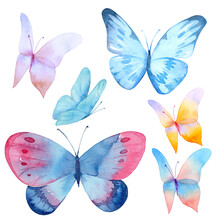Set Of The Blue Butterflies In Pastel Colors Isolated On White Background. Watercolor. Illustration. Blue, Yellow, Pink And Ivory Butterfly Spring Illustration