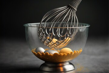 Poster -  a metal whisk in a glass bowl filled with eggs on a dark surface with a black background behind it, with a few eggs in the bowl.  generative ai