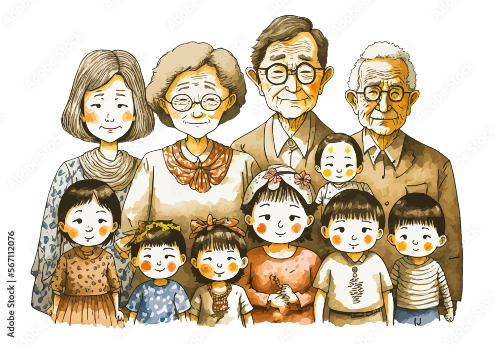 Vector illustration of a multi-generational Japanese family. Perfect ...