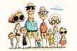 Amusing vector illustration of a Western family group of multiple generations on vacation. Perfect for capturing emotions and creating graphic designs.